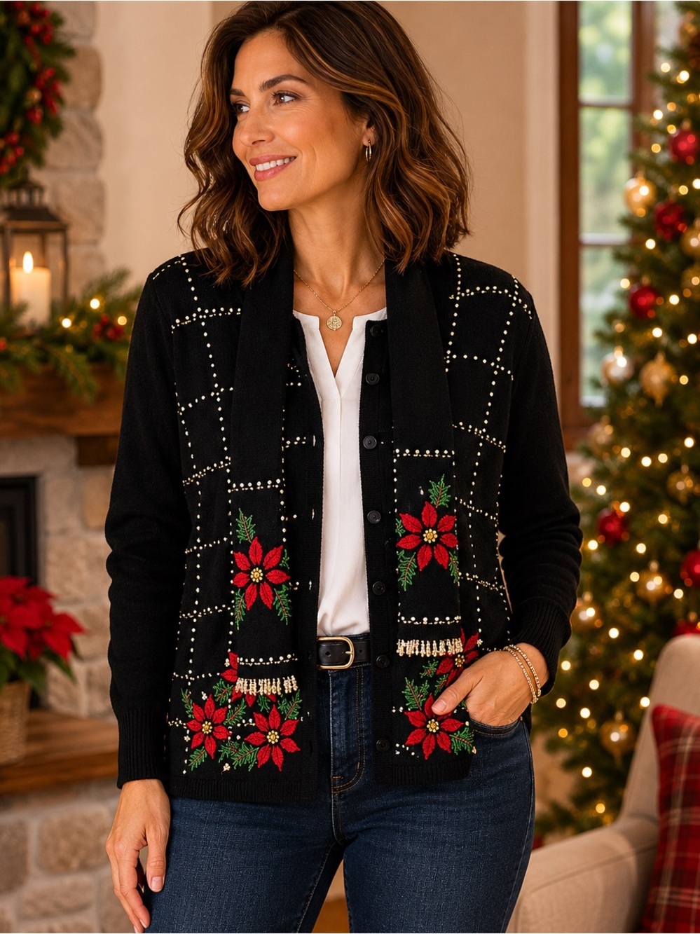 White Stag Button Front Cardigan Sweater Attached Scarf poinsettia Christmas L